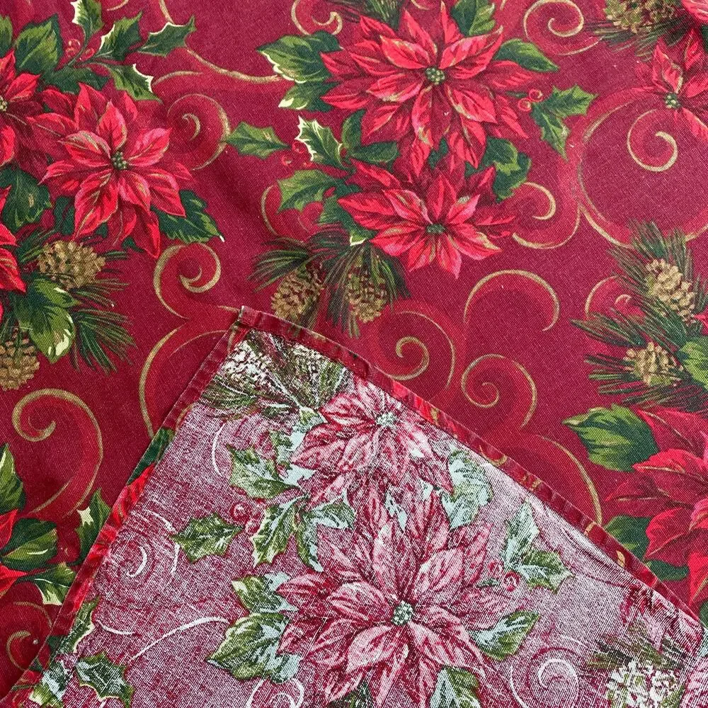 Christmas tablecloth thick cotton blend poinsettias red green gold vintage 1980s